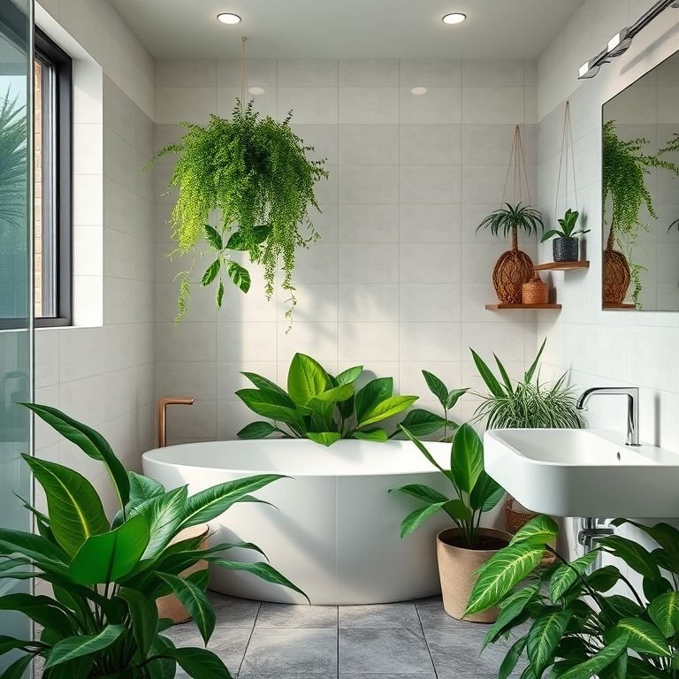 Plantas artificiais de alta qualidade decorando banheiro moderno.