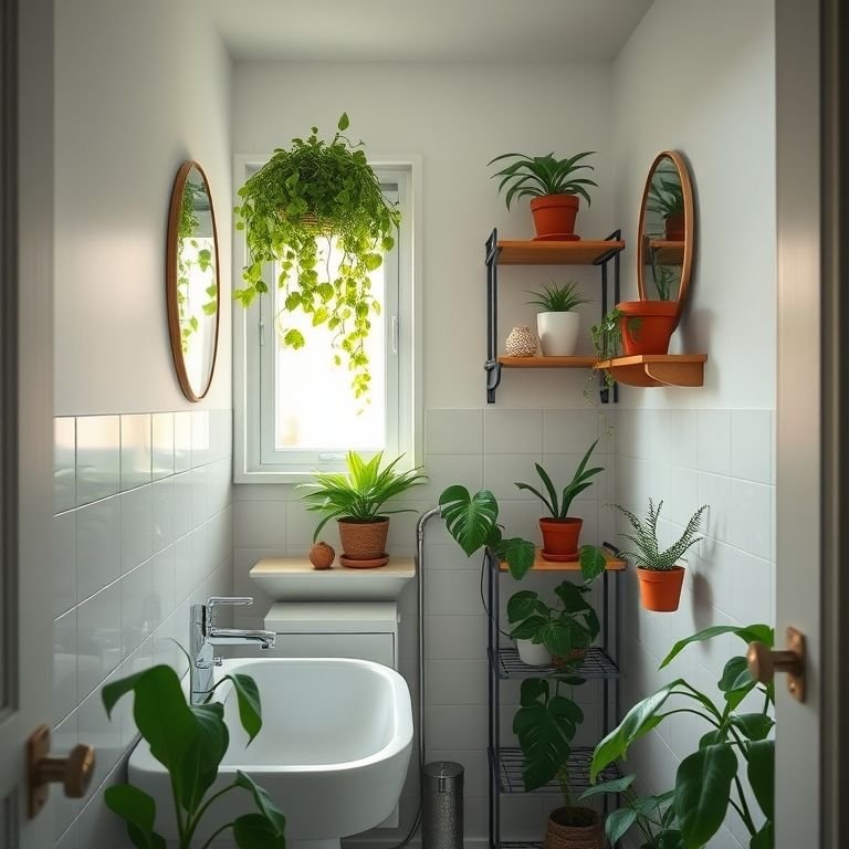 Plantas em um banheiro pequeno com iluminação natural.
