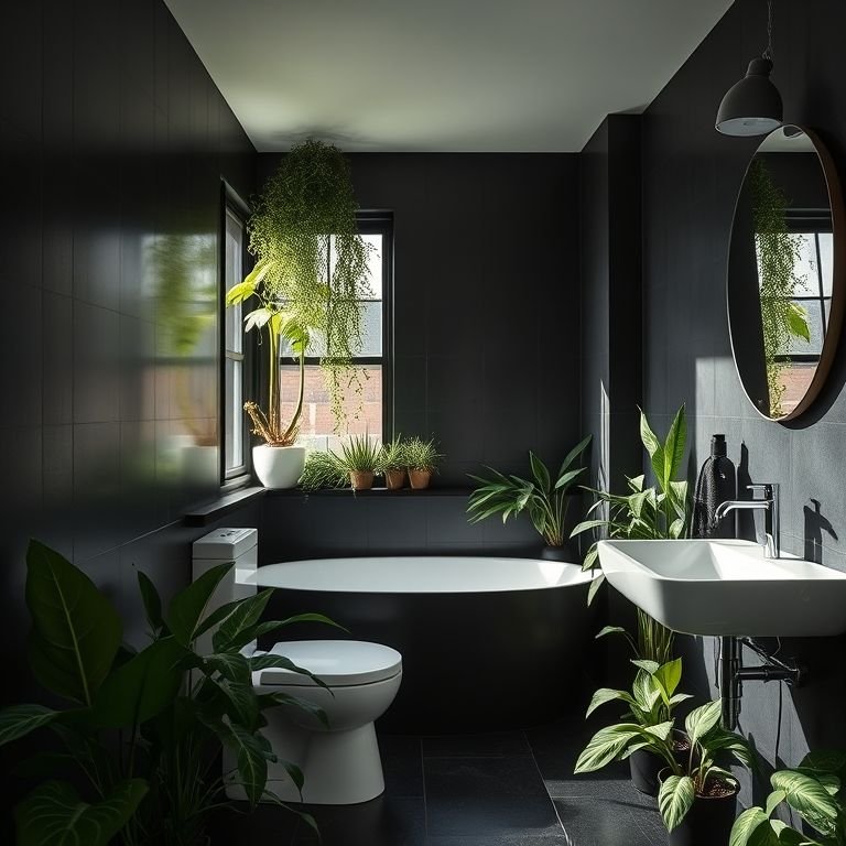 Plantas em um banheiro preto.