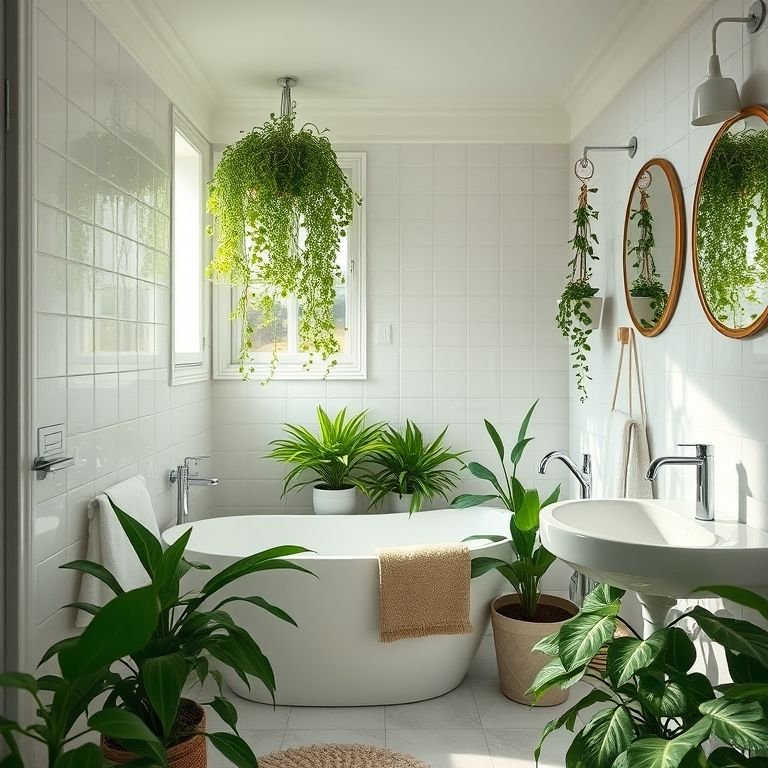 Plantas em um banheiro, trazendo vida e frescor ao ambiente.