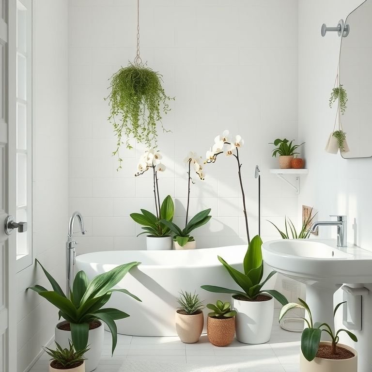 Plantas em vasos decorando um banheiro off white.