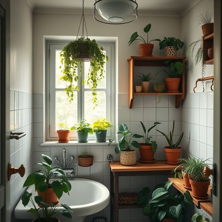 Plantas no banheiro vintage.