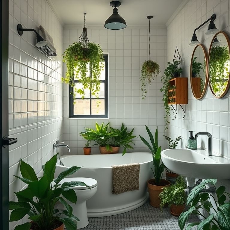 Plantas para dar vida ao banheiro industrial.