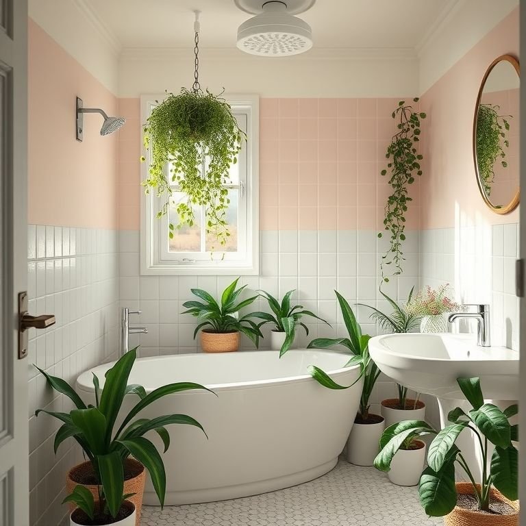 Plantas para um toque de frescor em banheiro retrô.