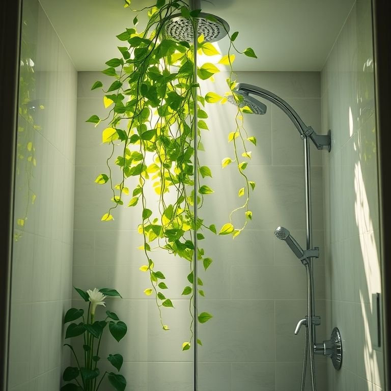 Plantas pendentes no box do banheiro, criando ambiente relaxante.