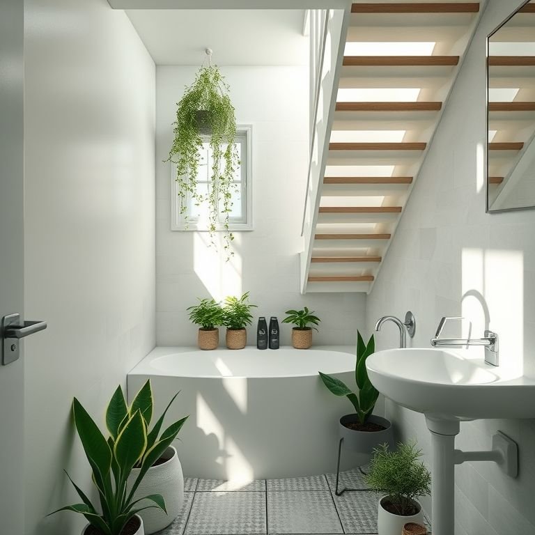 Plantas que dão um toque de vida ao banheiro sob a escada.