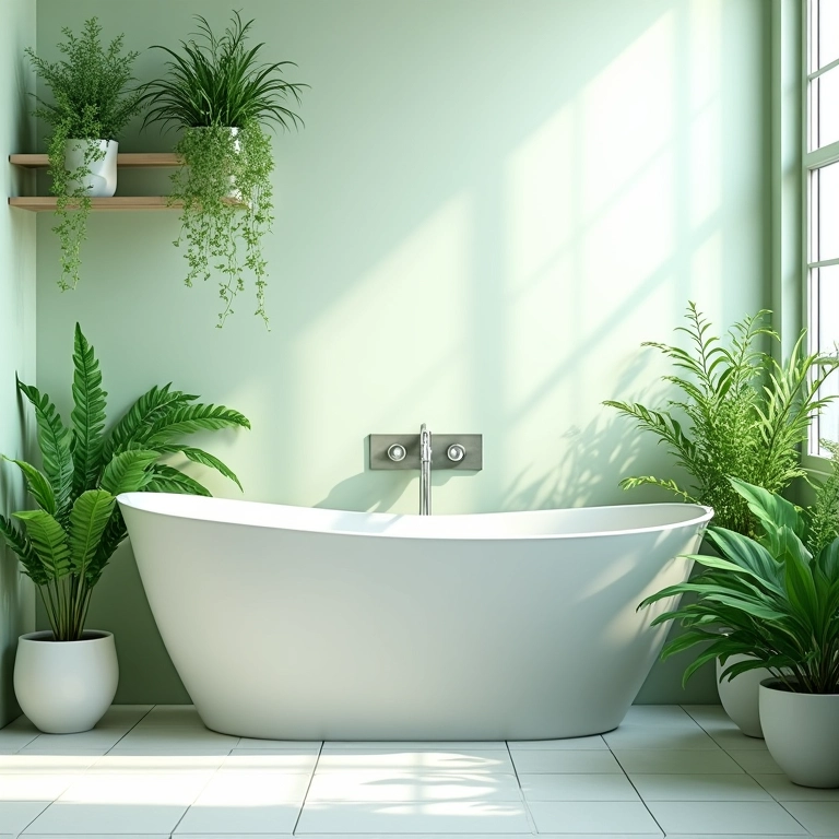 Plantas trazendo a natureza para dentro do banheiro verde e branco.