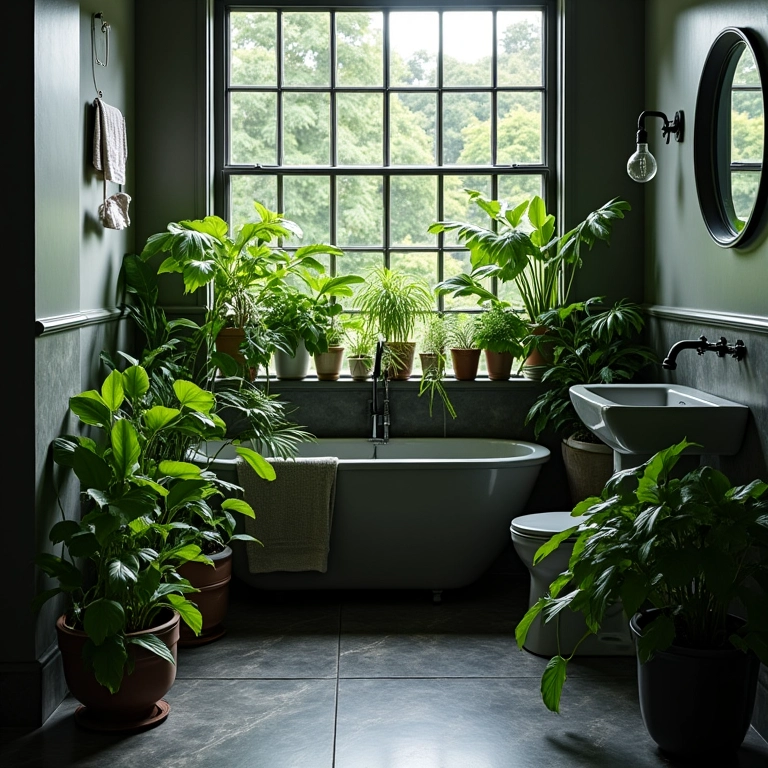 Plantas trazendo vida a um banheiro cinza e preto, com iluminação natural e toque tropical.