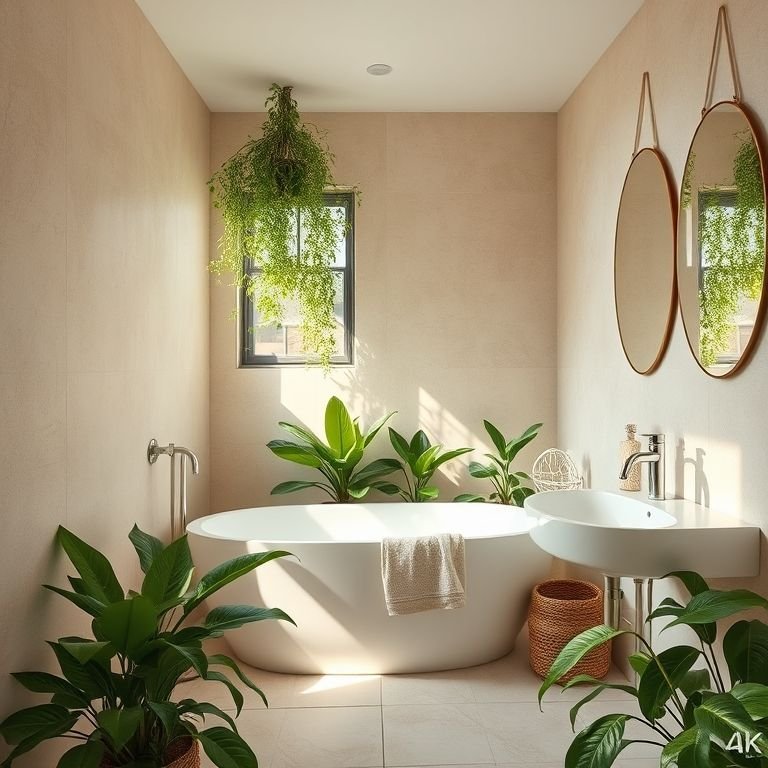 Plantas trazendo vida ao banheiro bege Bahia.