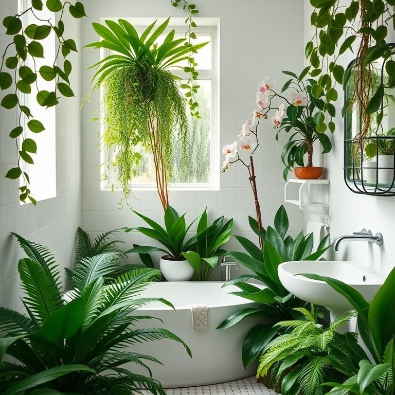 Plantas tropicais em um banheiro iluminado com luz natural.