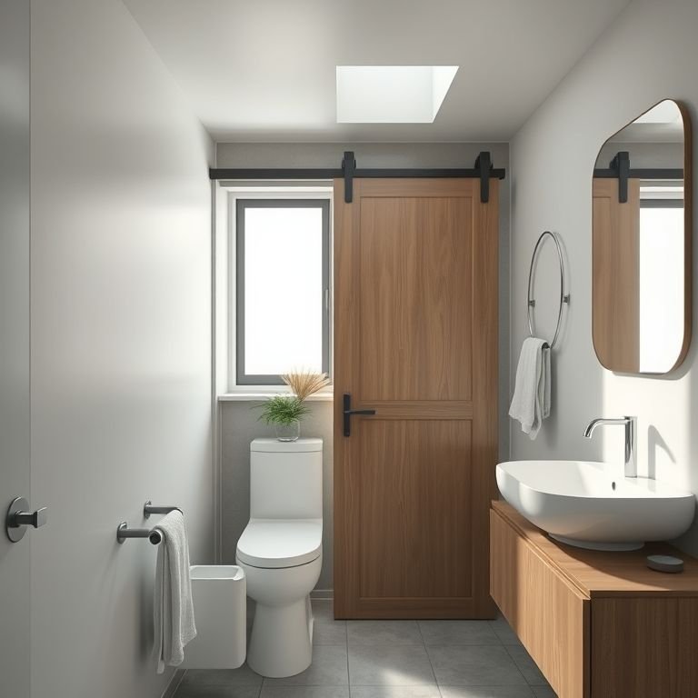 Porta de correr que economiza espaço em banheiro sob a escada.