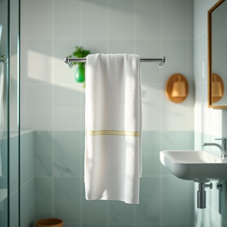 Porta-toalhas de vidro em banheiro moderno com toque brasileiro e luz natural.