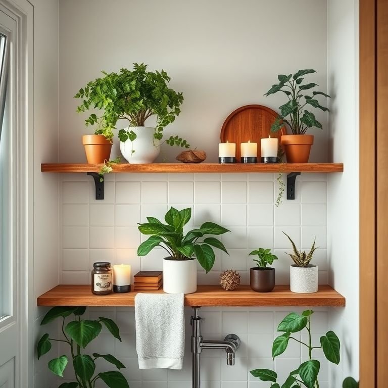 Prateleira de banheiro com plantas, toalhas, velas e objetos decorativos.