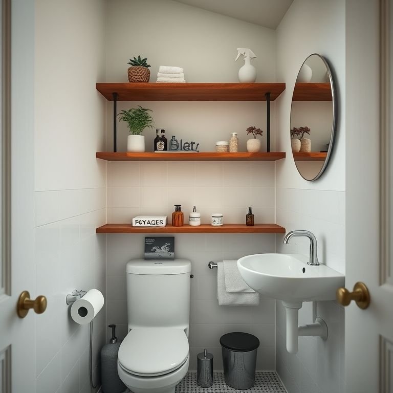 Prateleira de madeira maciça em um banheiro pequeno.