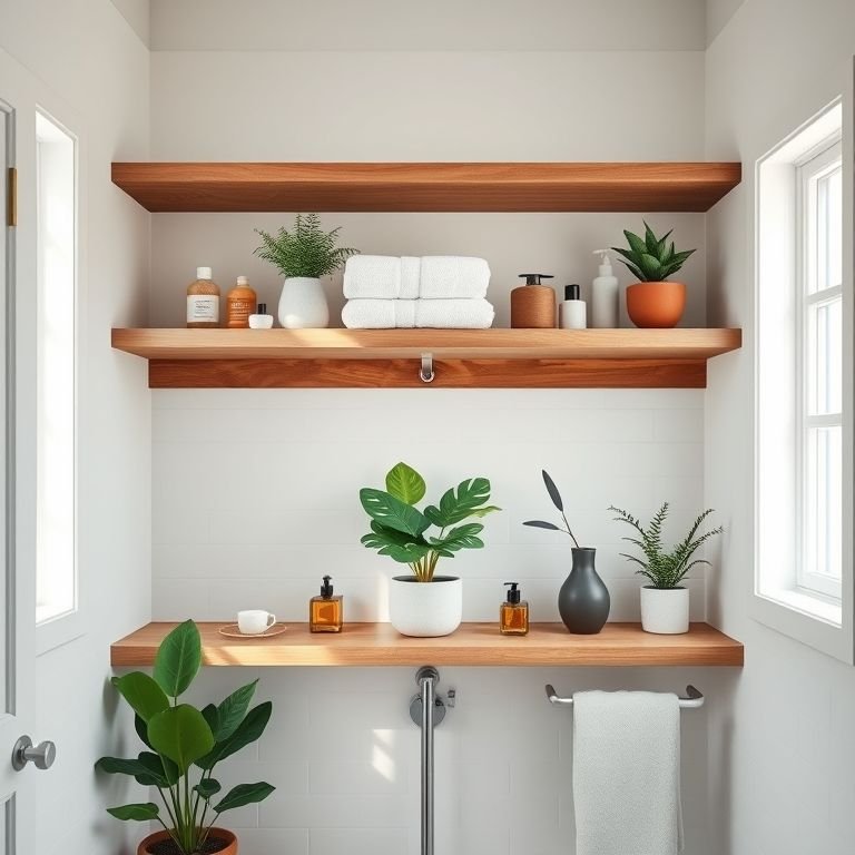 Prateleiras abertas no banheiro com toalhas, plantas e decoração.