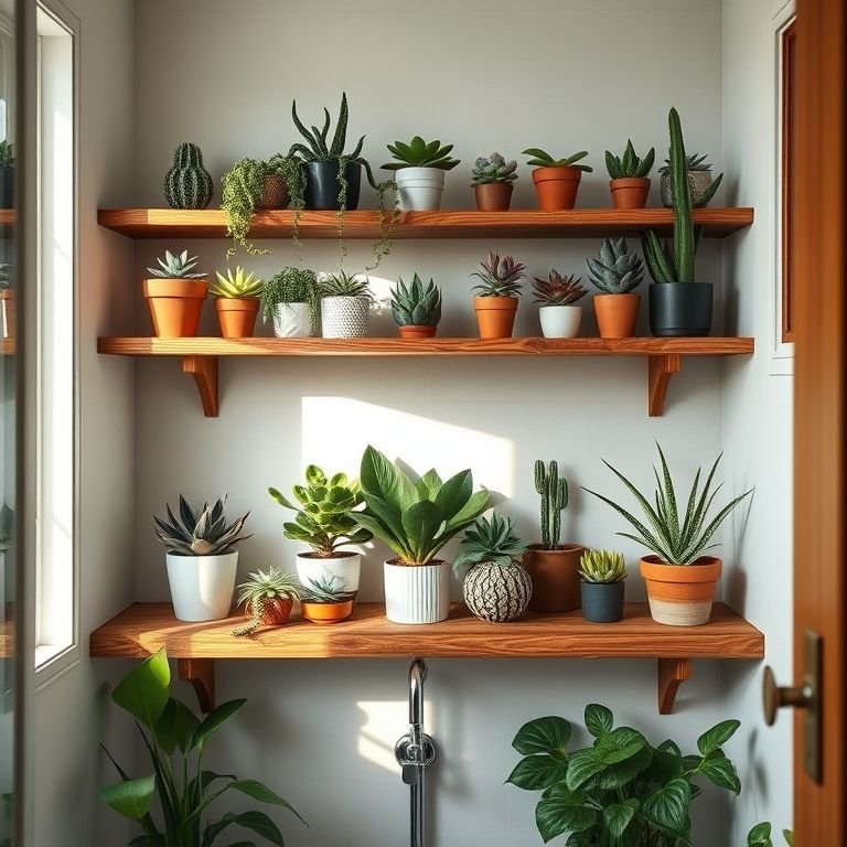Prateleiras de madeira com vasos de suculentas em banheiro iluminado.