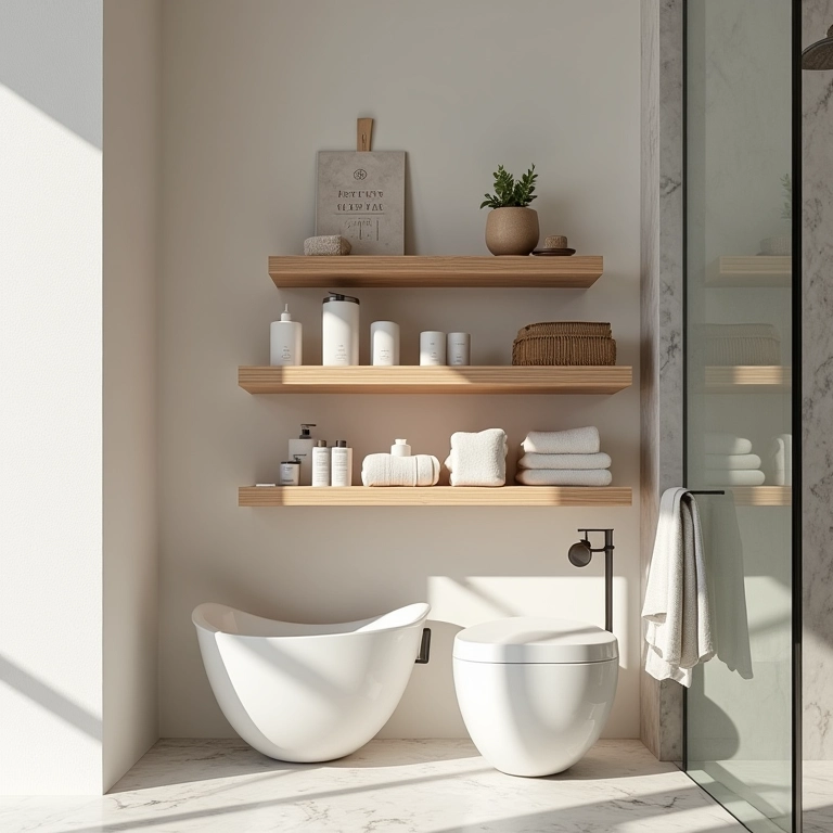 Prateleiras de madeira maciça em um banheiro moderno, organizando produtos de skincare e toalhas.