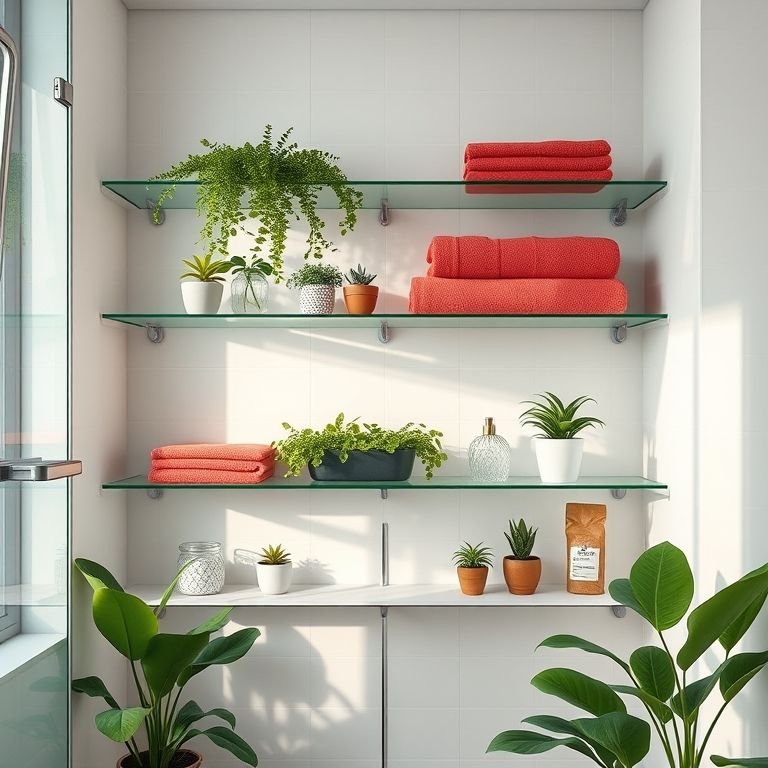 Prateleiras de vidro organizadas com toalhas coloridas e plantas em banheiro moderno.