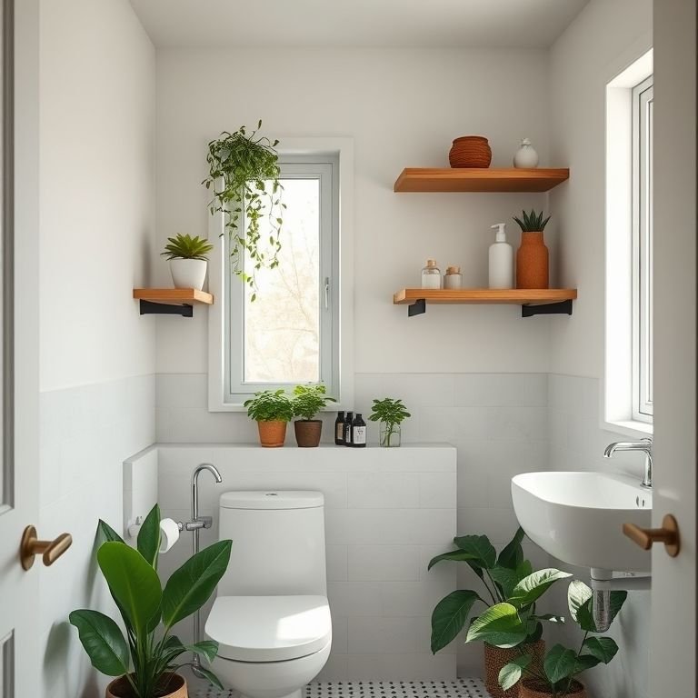 Prateleiras e organizadores em banheiro pequeno para otimizar o espaço.