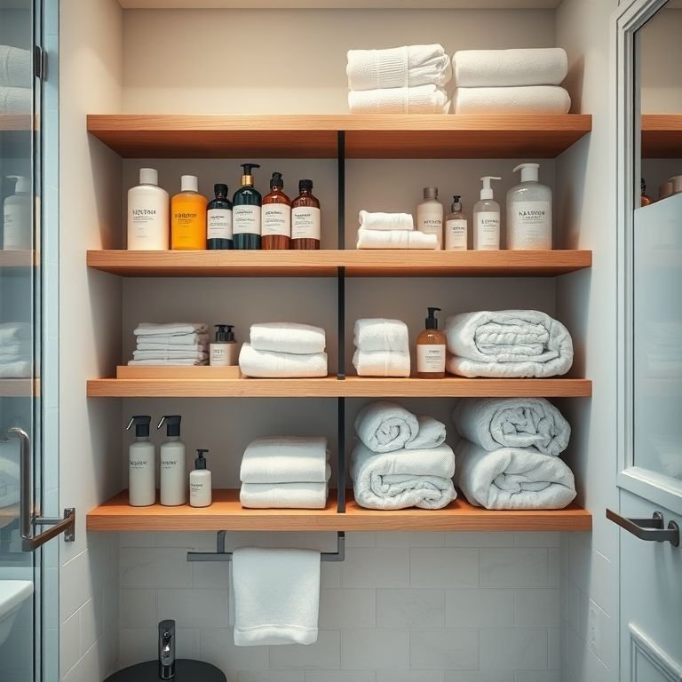 Prateleiras organizadas com produtos de higiene pessoal e toalhas dobradas em um banheiro social.