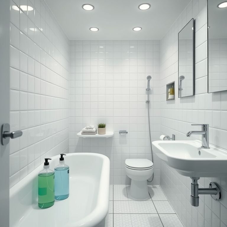 Produtos de limpeza em um banheiro off white impecável.