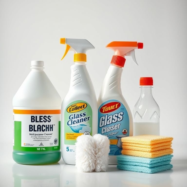 Produtos de limpeza essenciais para um banheiro impecável: água sanitária, multiuso, limpa-vidros e desinfetante.