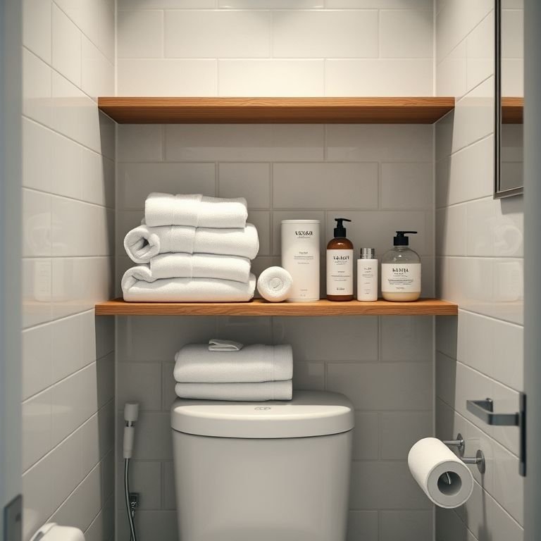 Produtos essenciais organizados em um banheiro pequeno de 2x2.