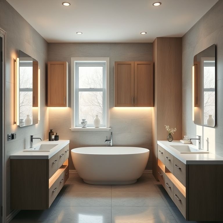 Projeto de iluminação em banheiro com armários planejados iluminados.