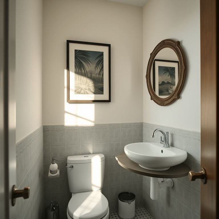 Quadros e espelhos decorativos em um banheiro pequeno.