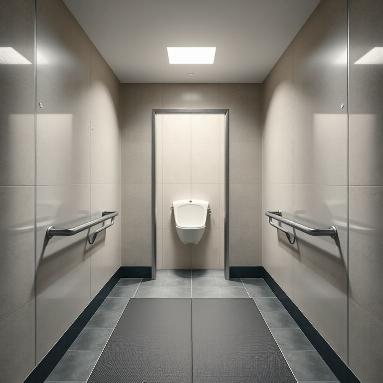 Rampa de acesso e barras de apoio em banheiro público para acessibilidade.