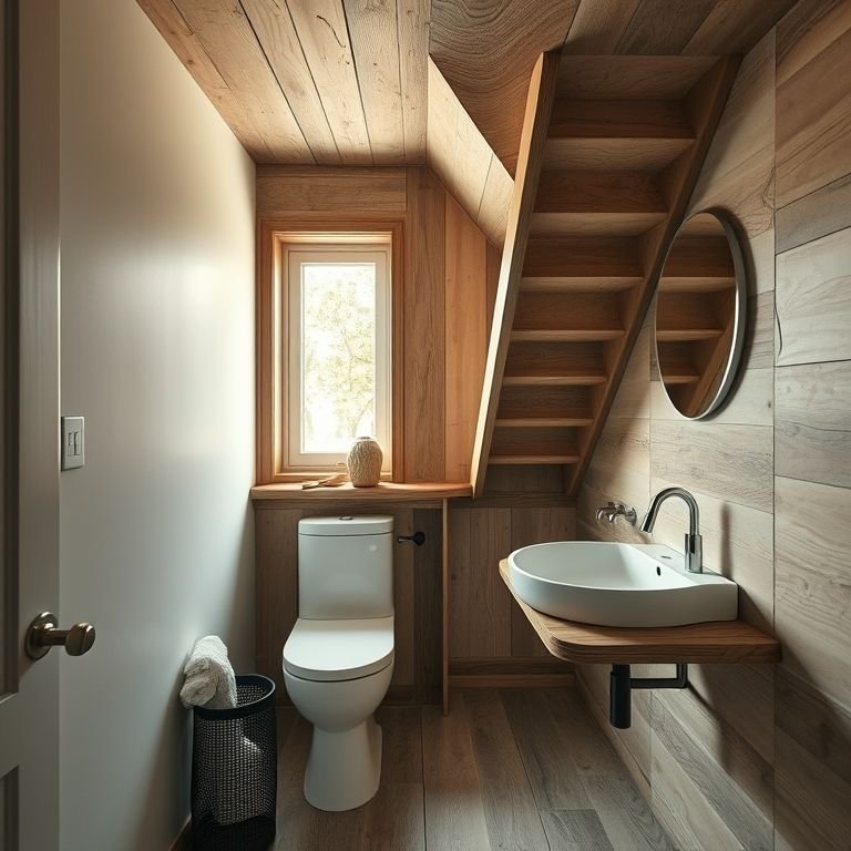 Reaproveitamento criativo em banheiro sob a escada.