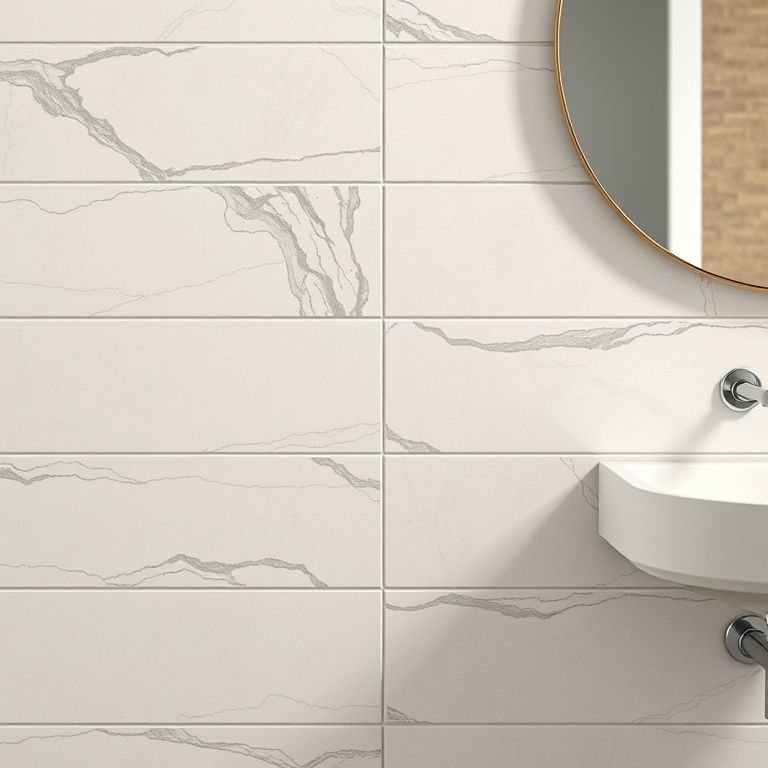 Revestimento cerâmico Portobello Shop Marmi Classico em parede de banheiro.