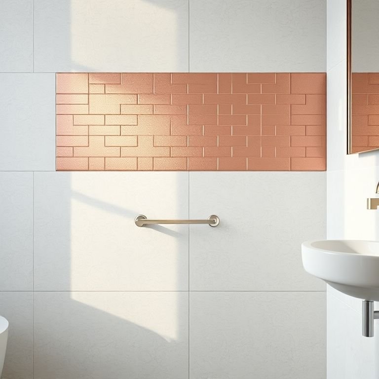 Revestimento elegante com detalhes em rose gold em um banheiro moderno.