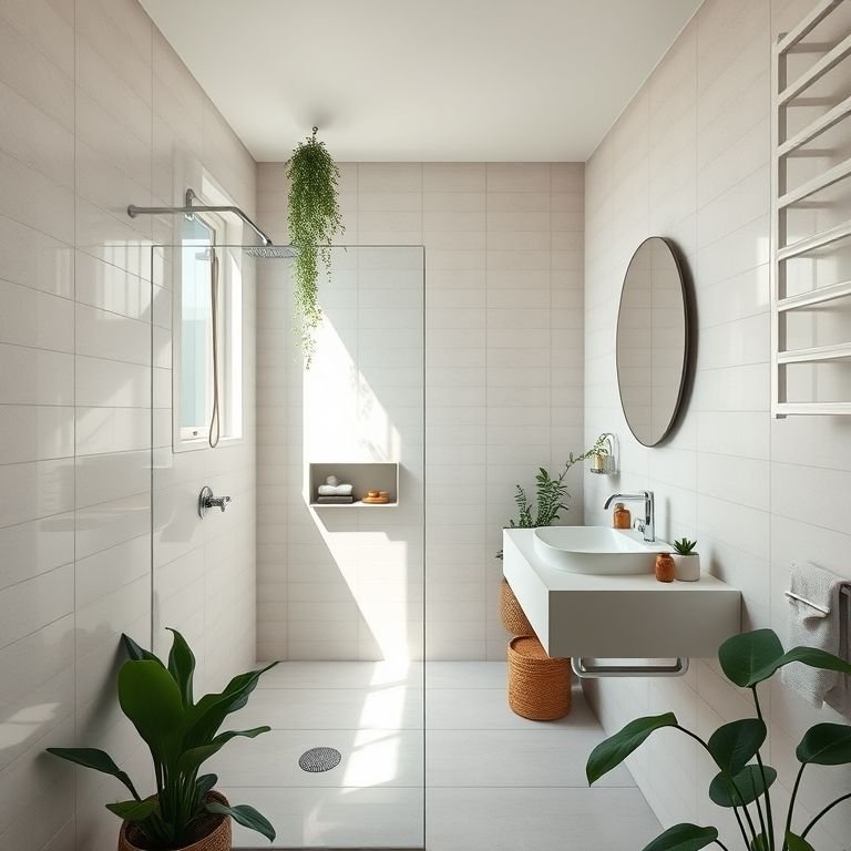 Revestimento ideal para banheiro pequeno: tons claros, chuveiro minimalista e armário flutuante.