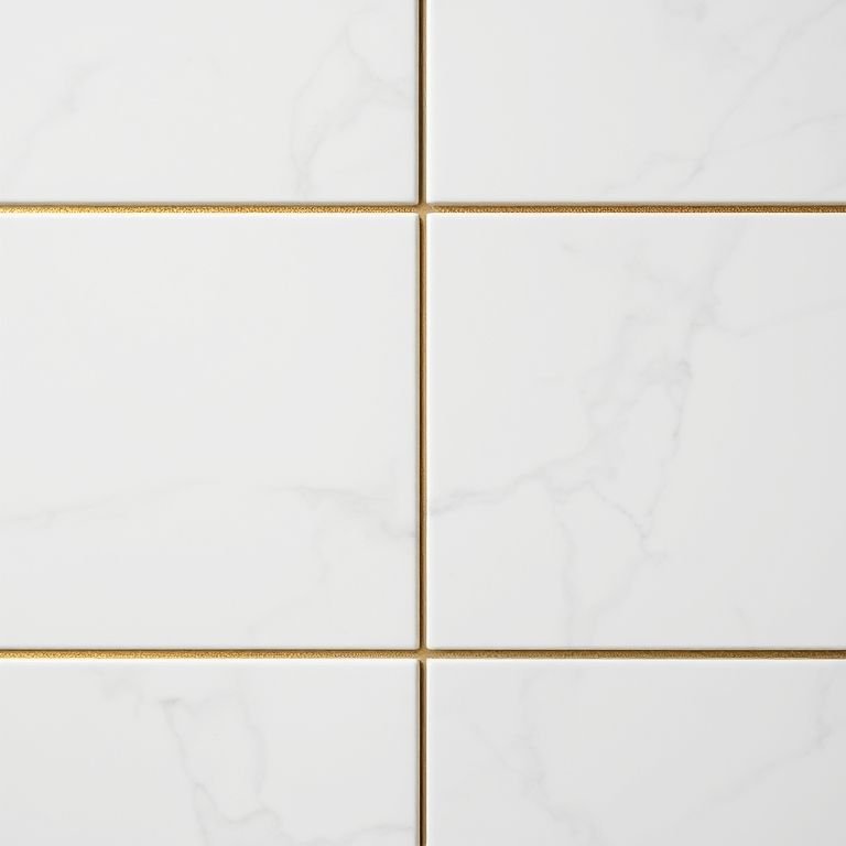 Revestimentos brancos e dourados para um banheiro elegante e durável.