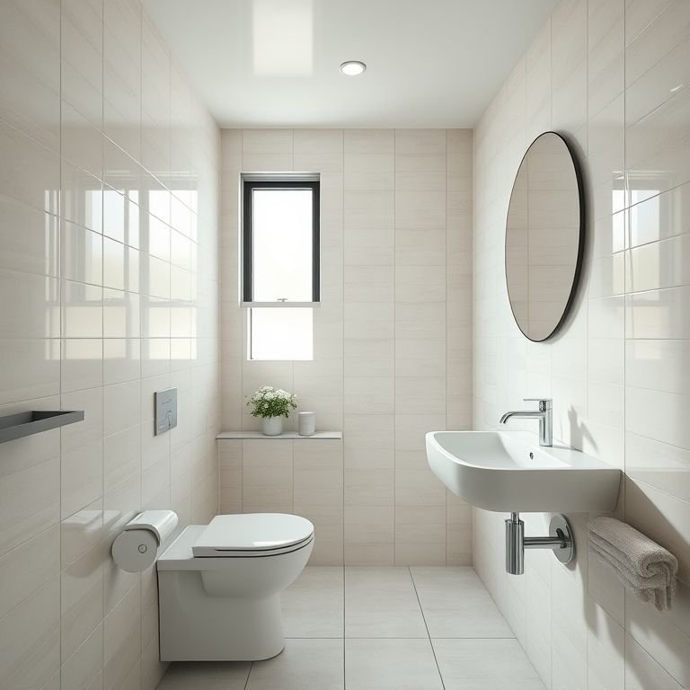 Revestimentos claros ampliando visualmente um banheiro pequeno.