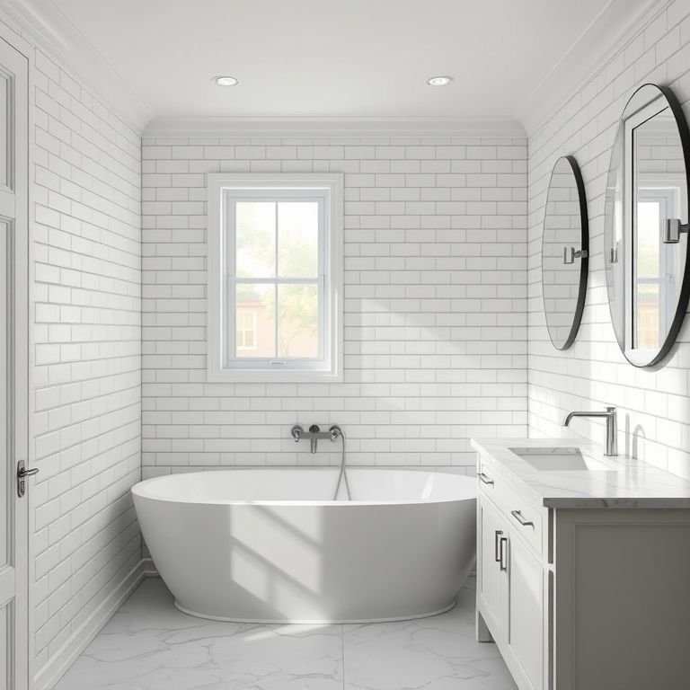 Revestimentos clássicos em um banheiro elegante e atemporal.