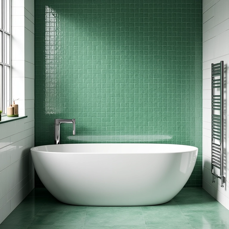 Revestimentos inspiradores em banheiro verde e branco.