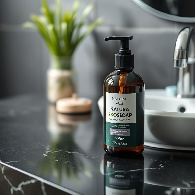 Sabonete líquido Natura Ekos em um banheiro preto.