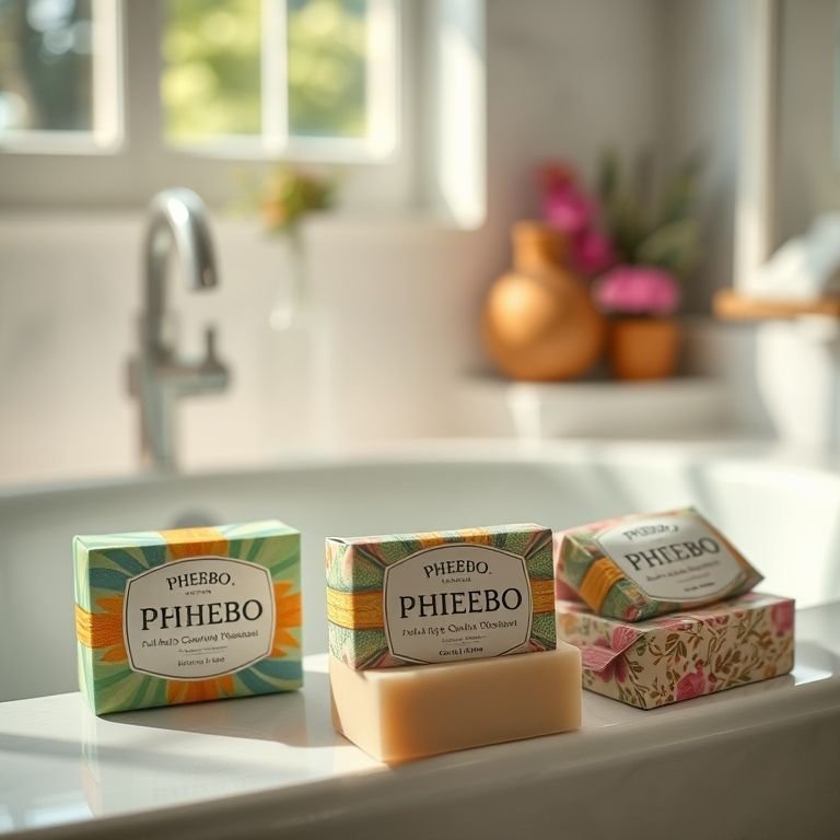 Sabonetes artesanais da Phebo em um banheiro boho com luz natural.
