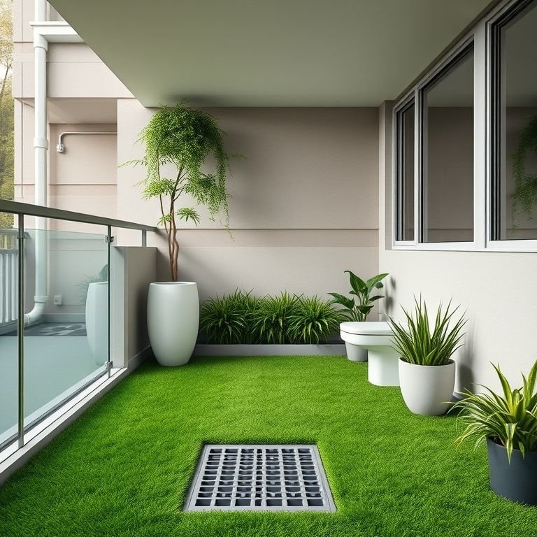 Sacada de apartamento moderna com banheiro para cachorro, grama sintética e design brasileiro.