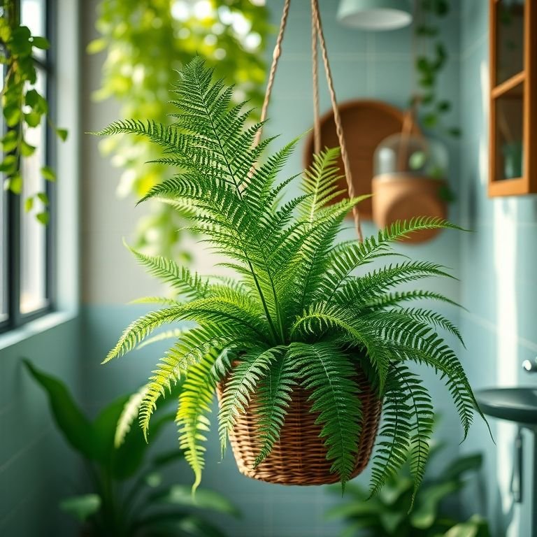 Samambaia exuberante em cesto suspenso decorando um banheiro brasileiro.
