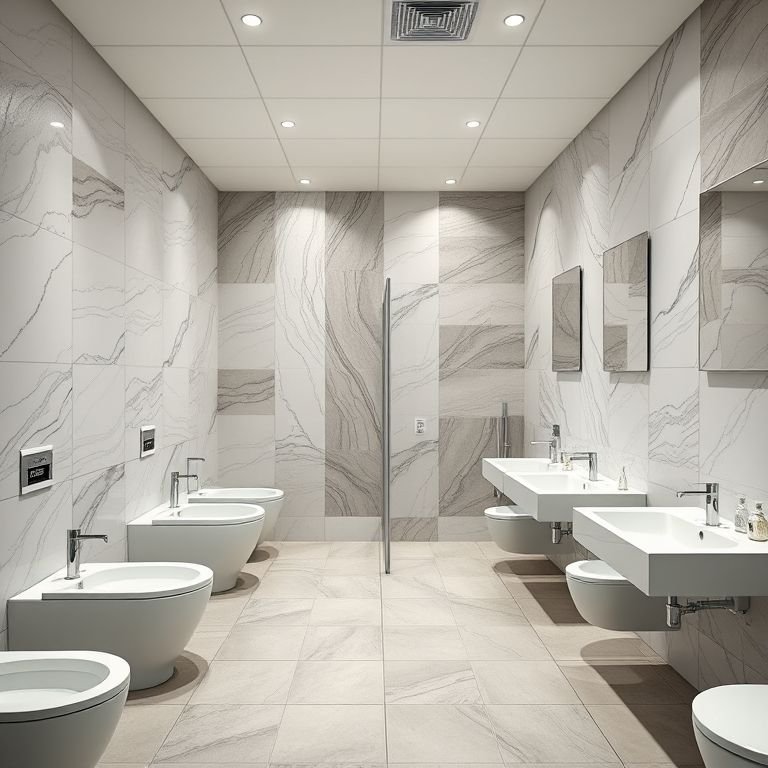 Showroom de banheiros com diversas opções de porcelanato e etiquetas de preço.