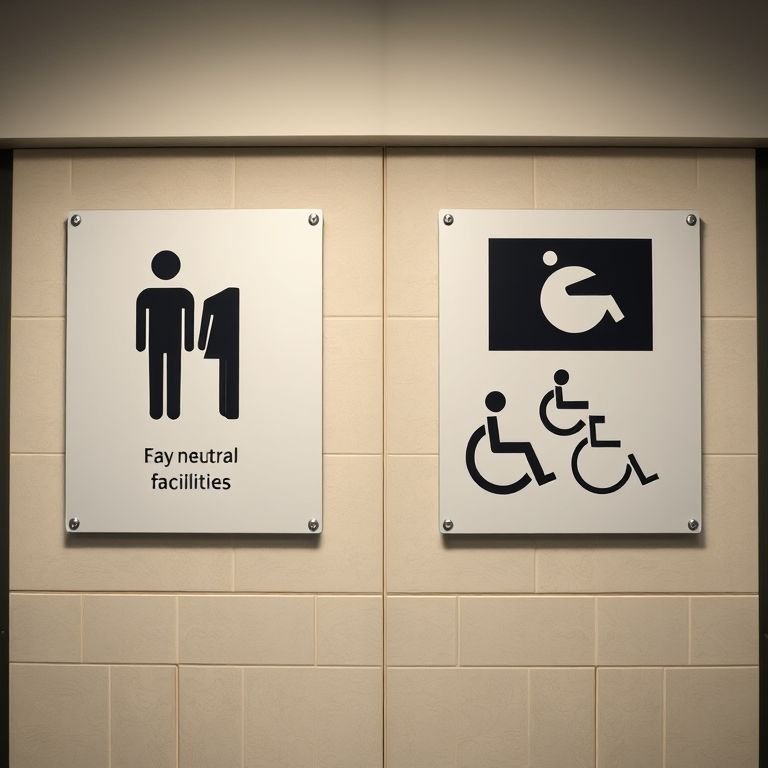 Sinalização clara indicando banheiro público acessível e neutro.