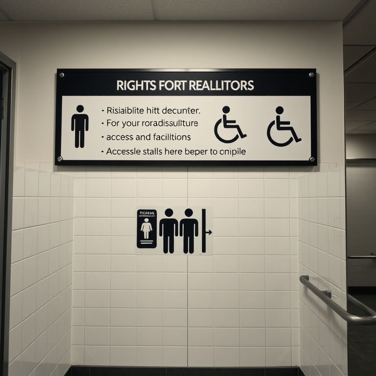 Sinalização sobre os direitos das pessoas com deficiência em banheiros públicos.