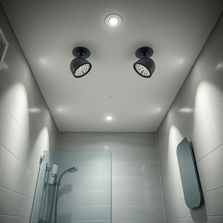 Spots de LED estrategicamente posicionados no teto de um banheiro.