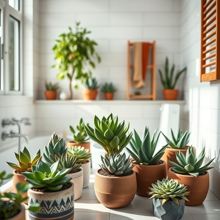 Suculentas variadas em vasos decorativos em banheiro iluminado.