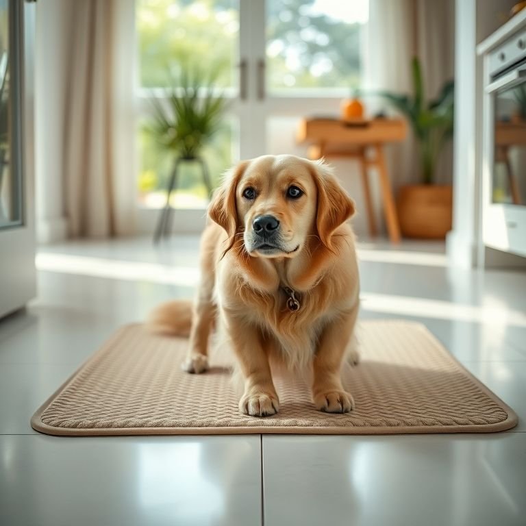 Tapete higiênico sendo usado por um cachorro golden retriever em casa iluminada.