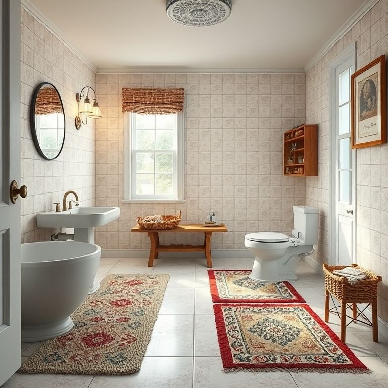 Tapetes charmosos em banheiro com banheira e chuveiro separados.