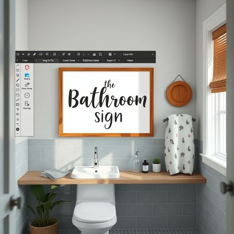 Tela de um programa de edição (Canva) sendo usado para criar placa de banheiro.